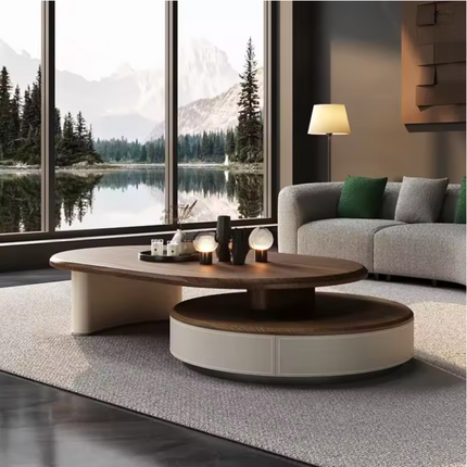 Aldan Dual Layer Functional Mid Century Modern Contemporary Coffee Table Scandinavian Design Solid Wood Top Cylindrical Base Matte Finish Round Center Table for Reception Area
