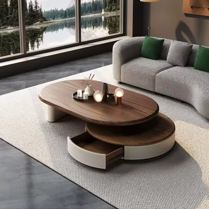 Aldan Dual Layer Functional Mid Century Modern Contemporary Coffee Table Scandinavian Design Solid Wood Top Cylindrical Base Matte Finish Round Center Table for Reception Area