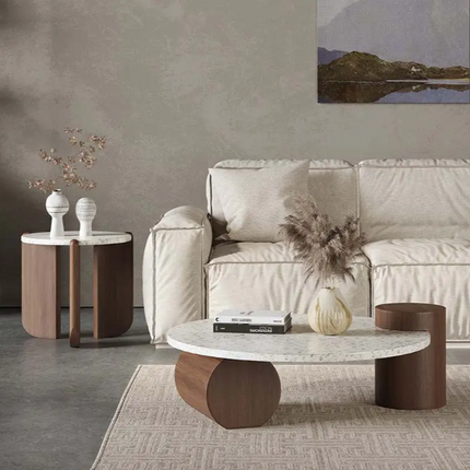 Chenab River Round Coffee Table, Mid Century Modern Minimalist Stone and Wood Center Table for Living Room