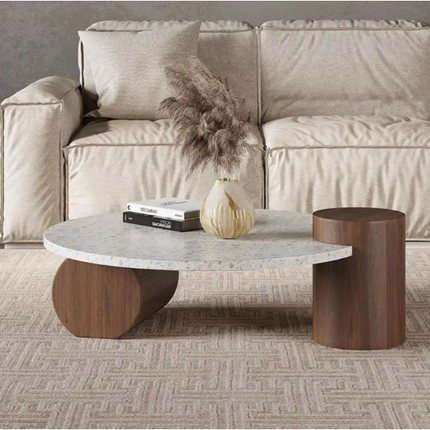 Chenab River Round Coffee Table, Mid Century Modern Minimalist Stone and Wood Center Table for Living Room