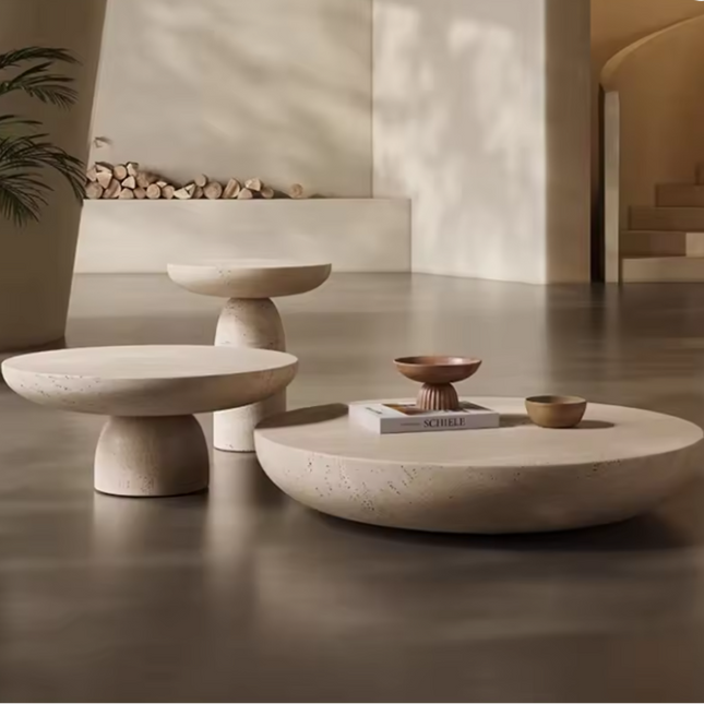Cam Coffee Table Set of 3, Sculptural Modern European Textured Stone Center and Side Tables for Living Room