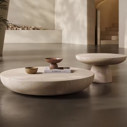 Cam Coffee Table Set of 3, Sculptural Modern European Textured Stone Center and Side Tables for Living Room