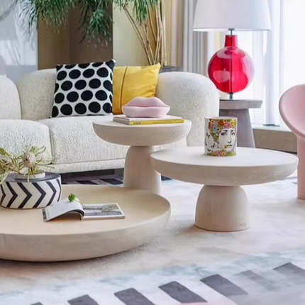 Cam Coffee Table Set of 3, Sculptural Modern European Textured Stone Center and Side Tables for Living Room