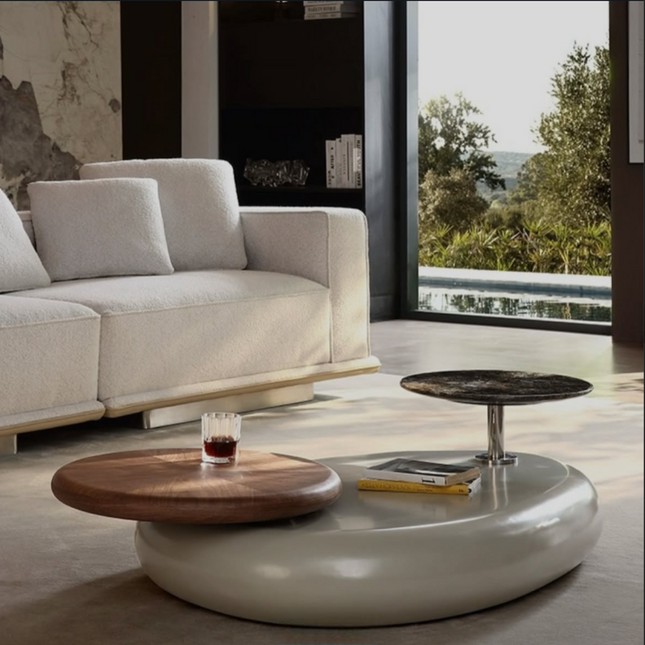 Meuse Coffee Table, Modern Sculptural Organic Dual Surface Center Table with Wood and Stone Tops for Living Room