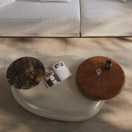 Meuse Coffee Table, Modern Sculptural Organic Dual Surface Center Table with Wood and Stone Tops for Living Room