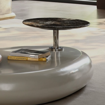 Meuse Coffee Table, Modern Sculptural Organic Dual Surface Center Table with Wood and Stone Tops for Living Room