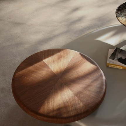 Meuse Coffee Table, Modern Sculptural Organic Dual Surface Center Table with Wood and Stone Tops for Living Room