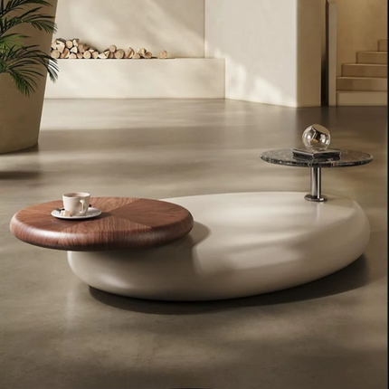 Meuse Coffee Table, Modern Sculptural Organic Dual Surface Center Table with Wood and Stone Tops for Living Room