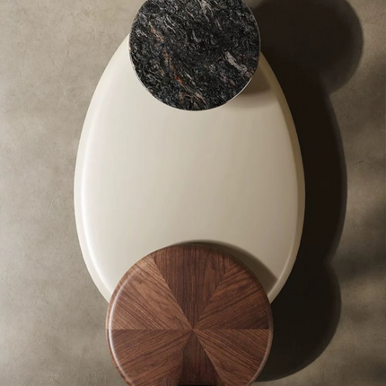 Meuse Coffee Table, Modern Sculptural Organic Dual Surface Center Table with Wood and Stone Tops for Living Room