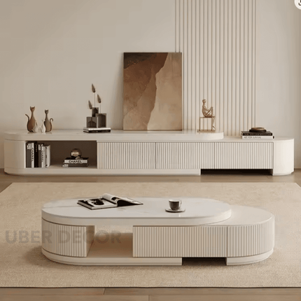 Orlin Crest TV Unit with Coffee Table  – Luxury Fluted Console, Rounded Corner Design, Low Base, Living Room Entertainment Unit
