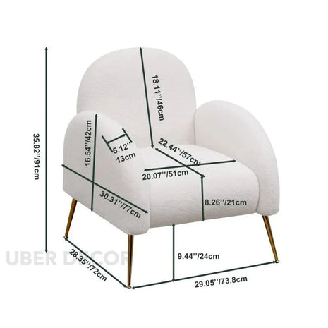 Reysha Cozy Boucle Accent Chair – Curvy White Sherpa Upholstered Single Arm Chair with Golden Legs - Uber Decor