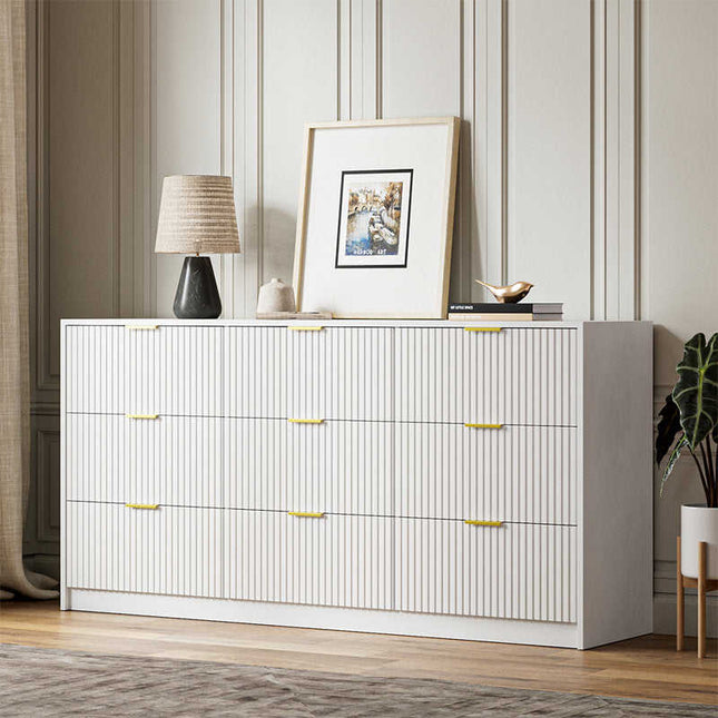 Arden White Fluted 9-Drawer Modern Japandi Solid Wood Cabinet with Brass Handles & Custom Finish for Bedroom, Living Room & Entryway