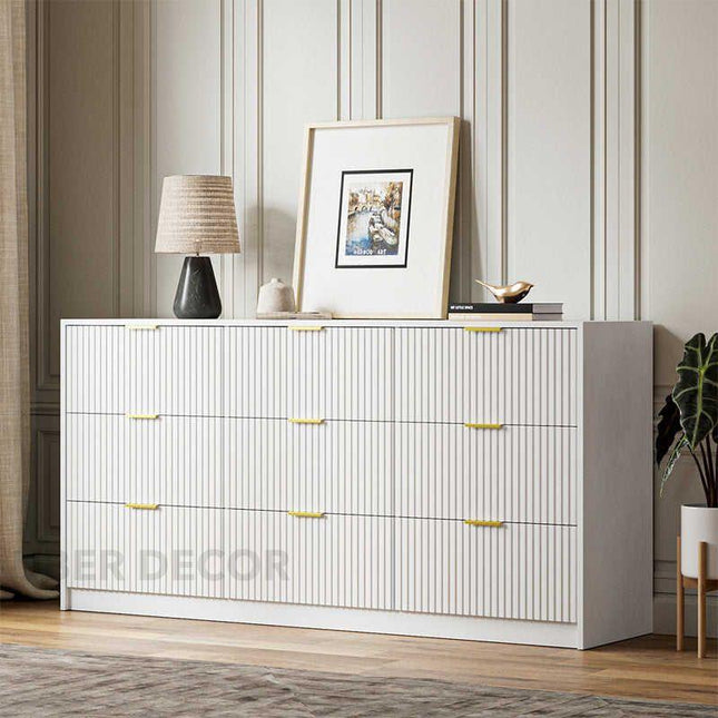 Arden White Fluted 9-Drawer Modern Japandi Solid Wood Cabinet with Brass Handles & Custom Finish for Bedroom, Living Room & Entryway - Uber Decor