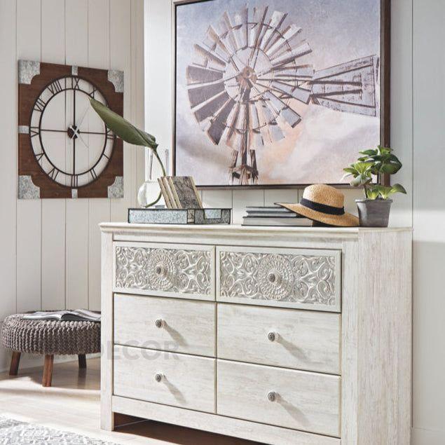 Serenity Scroll 6-Drawer Chest – Hand-Carved Floral Solid Wood Cabinet, French Vintage Whitewash & Custom Finish Options for Bedroom, Living Room & Entryway - Uber Decor