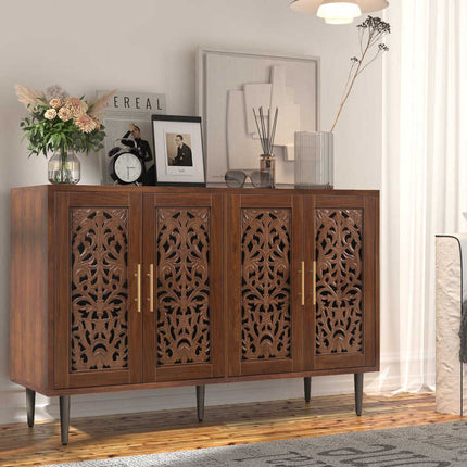 Aria Carve Mid Century Indian Solid Wood Cabinet – Handcrafted Floral Panels Ideal for Living Room, Dining Room & Entryway