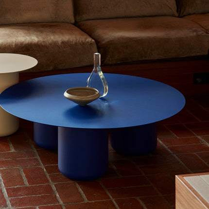Ord Coffee Table, Modern Sculptural Cobalt Blue Round Minimalist Center Table with Cylindrical Base for Living Room
