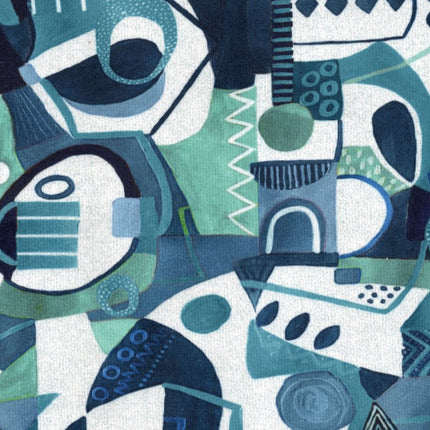 BOTT - Textured Printed Suede Upholstery Fabric- Aqua Spirit Glyph Mosaic