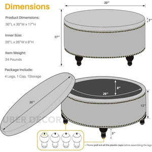 VelvetTuft- Tufted Velvet Plushy Round Storage Ottoman - Upholstered with Button Tufting & Removable Lid, Wood Legs - Uber Decor