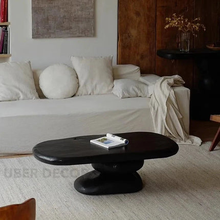 Sava Noir Retro Pebble Coffee Table Carbonized Black Wood Organic Art Form Sculptural Centerpiece for Modern and Vintage Living Rooms - Uber Decor