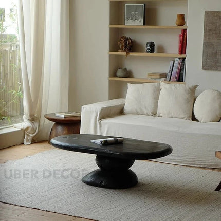 Sava Noir Retro Pebble Coffee Table Carbonized Black Wood Organic Art Form Sculptural Centerpiece for Modern and Vintage Living Rooms - Uber Decor