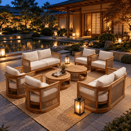 Sundrift Haven Teak Wood & Rope Outdoor Sofa Set, Japandi Patio Conversation Set for Garden, Terrace, Porch, Poolside & Lawn