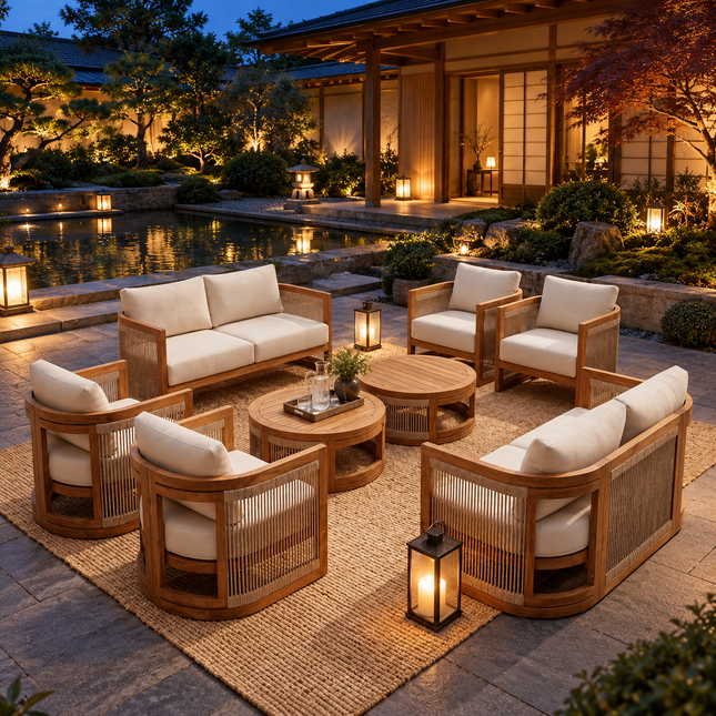 Sundrift Haven Teak Wood & Rope Outdoor Sofa Set, Japandi Patio Conversation Set for Garden, Terrace, Porch, Poolside & Lawn