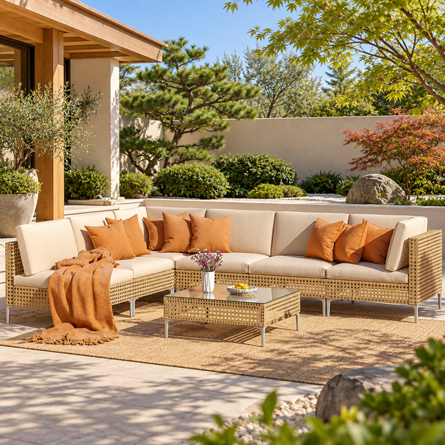 Sunvale Retreat PE Rattan Wicker Sectional Outdoor Sofa Set, Patio Conversation Garden Lounge Set for Poolside Terrace Porch