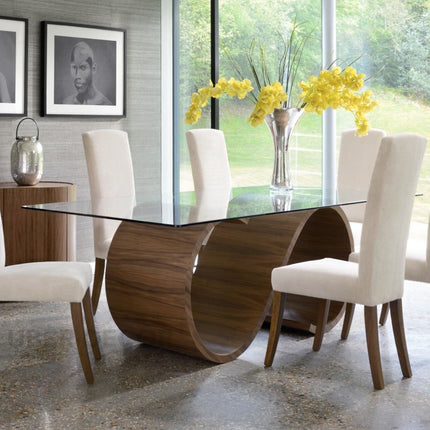 Timberly Dining Table with Tempered Glass Top and Solid Wood Sculptural Base Inspired by Warm Modern Homes and Elegant Dining Spaces