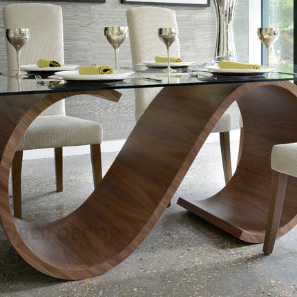 Timberly Dining Table with Tempered Glass Top and Solid Wood Sculptural Base Inspired by Warm Modern Homes and Elegant Dining Spaces