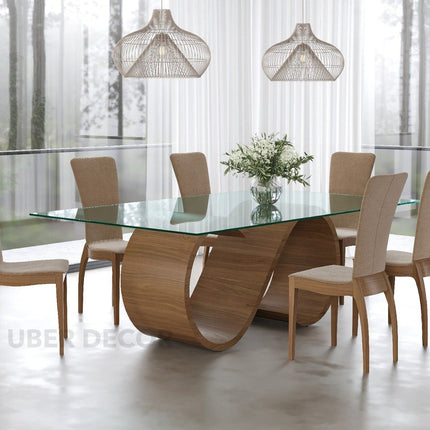 Timberly Dining Table with Tempered Glass Top and Solid Wood Sculptural Base Inspired by Warm Modern Homes and Elegant Dining Spaces