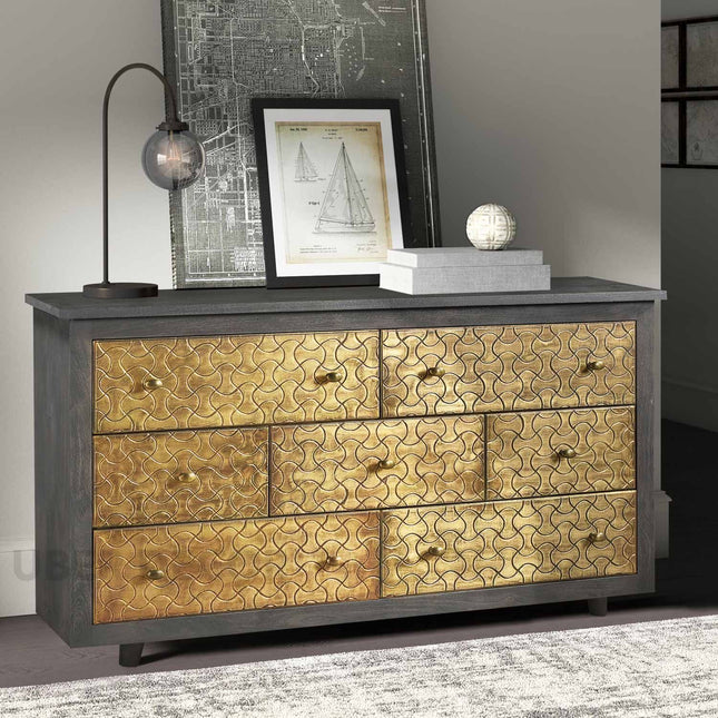 Lume Brasswave Mid Century Indian Solid Wood Chest – Charcoal Finish, Hand-Carved Brass, 7-Drawer Storage
