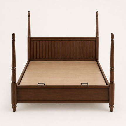 TeakRise Wabi-Sabi Four-Poster Panel Bed – Japandi Teak Wooden Bed for Boutique Hotel Suites