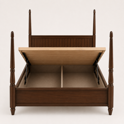 TeakRise Wabi-Sabi Four-Poster Panel Bed – Japandi Teak Wooden Bed for Boutique Hotel Suites