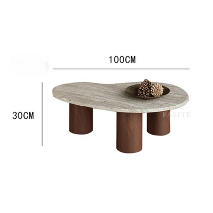 Beni River Flow Coffee Table Set of 2, Mid Century Modern European Travertine and Wood Freeform Center Tables for Living Room