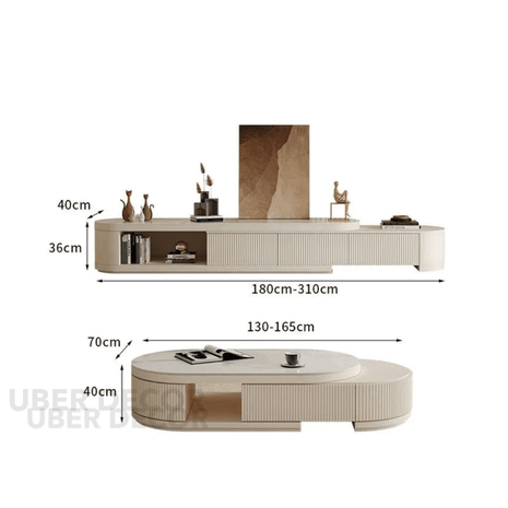 Orlin Crest TV Unit with Coffee Table – Luxury Fluted Console, Rounded Corner Design, Low Base, Living Room Entertainment Unit - Uber Decor