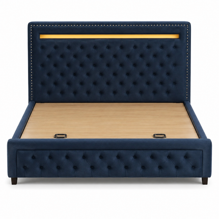 Tranquil Crest Tufted Bed – Plush Tufted Headboard with Integrated Lighting, Nailhead Trim and Matching Footboard Design