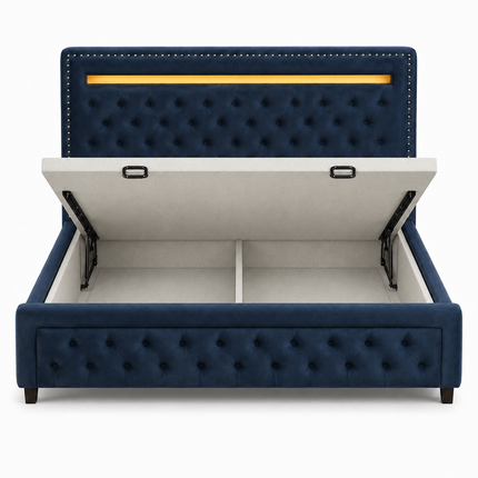 Tranquil Crest Tufted Bed – Plush Tufted Headboard with Integrated Lighting, Nailhead Trim and Matching Footboard Design