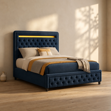 Tranquil Crest Tufted Bed – Plush Tufted Headboard with Integrated Lighting, Nailhead Trim and Matching Footboard Design