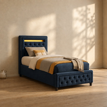 Tranquil Crest Tufted Bed – Plush Tufted Headboard with Integrated Lighting, Nailhead Trim and Matching Footboard Design