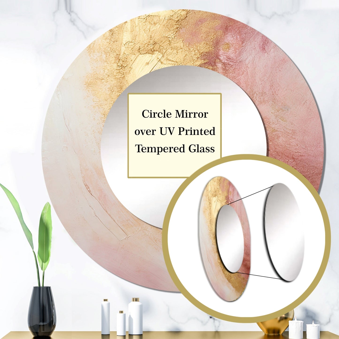 Gold Pink Desert Modern Round Mirror - Tempered Glass Printed Wall Mirror