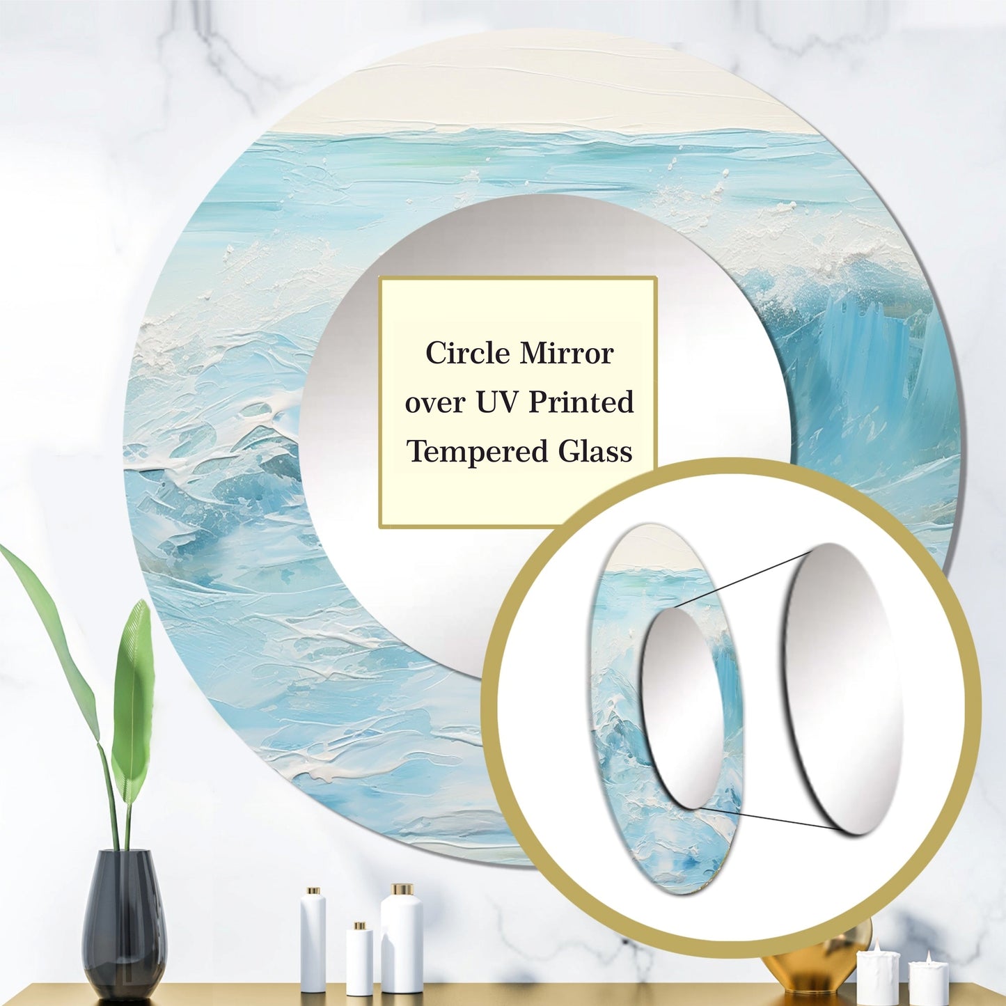 Blue And White Waves Printed Round Wall Mirror - Tempered Glass Printed Wall Mirror