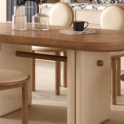 Alba Form Oval 6 Seater Dining Table Japandi Scandinavian Design Natural Oak Top Cream Cylindrical Legs Ideal for Dining Room - Uber Decor
