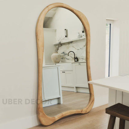 Rowena Wavy Teak Wood Mirror – Sculptural Organic Full-Length Floor Mirror