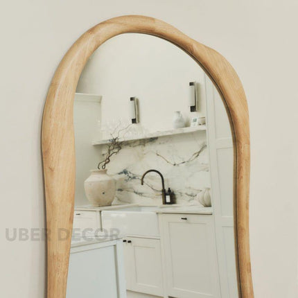 Rowena Wavy Teak Wood Mirror – Sculptural Organic Full-Length Floor Mirror