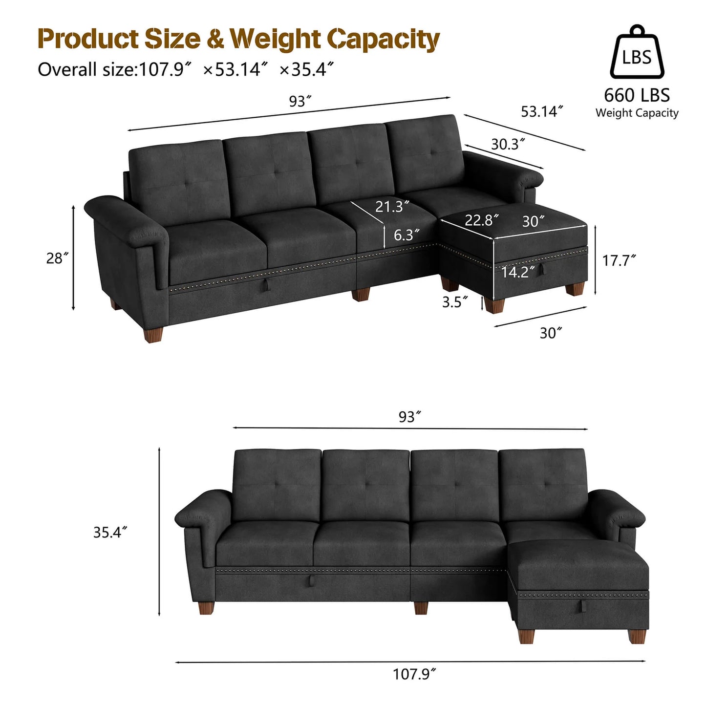 Lima Sectional Sofa- L-Shaped 4 Seater Convertible Couch with Storage Chaise- Reversible Sectional Couch with Cup Holders & Table