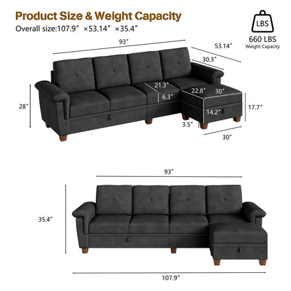 Lima Sectional Sofa- L-Shaped 4 Seater Convertible Couch with Storage Chaise- Reversible Sectional Couch with Cup Holders & Table