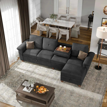 Lima Sectional Sofa- L-Shaped 4 Seater Convertible Couch with Storage Chaise- Reversible Sectional Couch with Cup Holders & Table