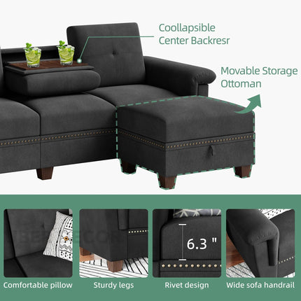 Lima Sectional Sofa- L-Shaped 4 Seater Convertible Couch with Storage Chaise- Reversible Sectional Couch with Cup Holders & Table