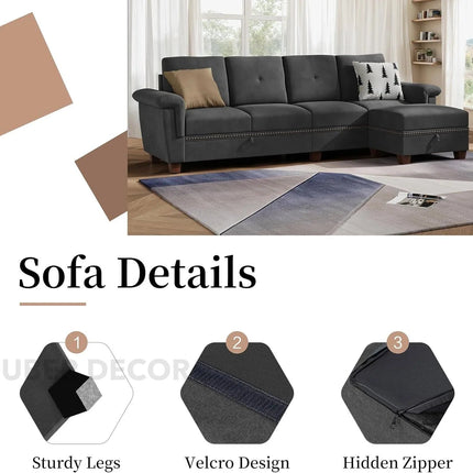 Lima Sectional Sofa- L-Shaped 4 Seater Convertible Couch with Storage Chaise- Reversible Sectional Couch with Cup Holders & Table