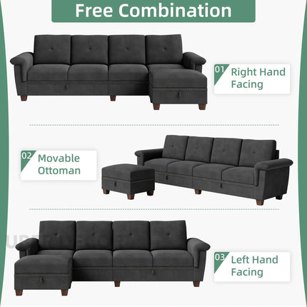 Lima Sectional Sofa- L-Shaped 4 Seater Convertible Couch with Storage Chaise- Reversible Sectional Couch with Cup Holders & Table